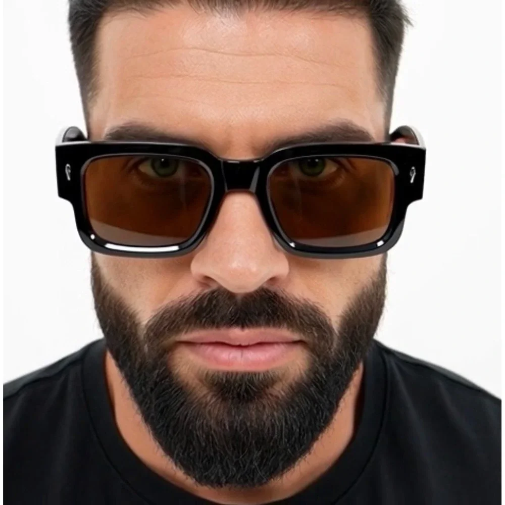 Mens Black Rectangular Frame Sunglasses Amber Lens Fashion Eyewear Hip Hop Shape